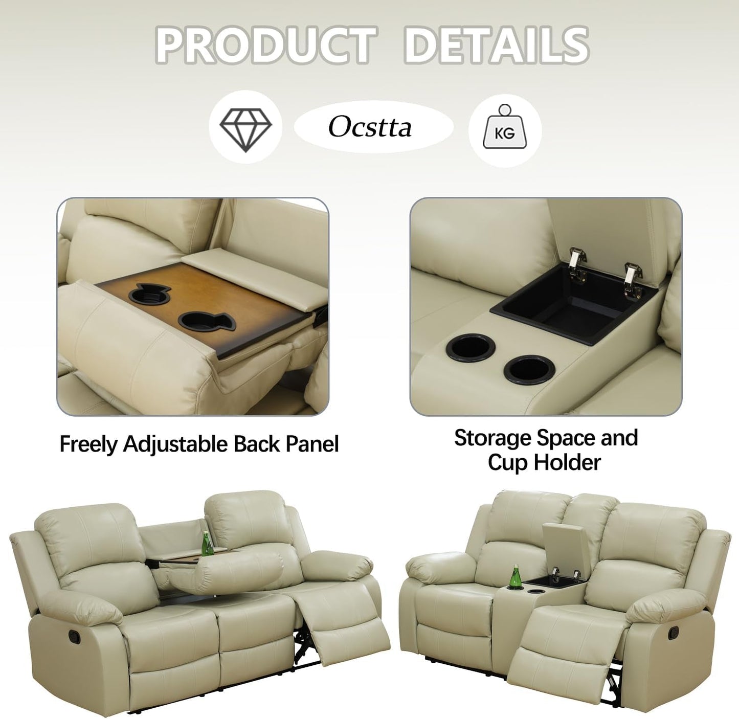 Manual Leather Sofa Recliner Set for Living Room Furniture Set,Leather Recliner Couch Set for Home/Office,Leather Reclining Sofa Set for 3-Pieces(Sofa+Loveseat+Chair) Beige-2