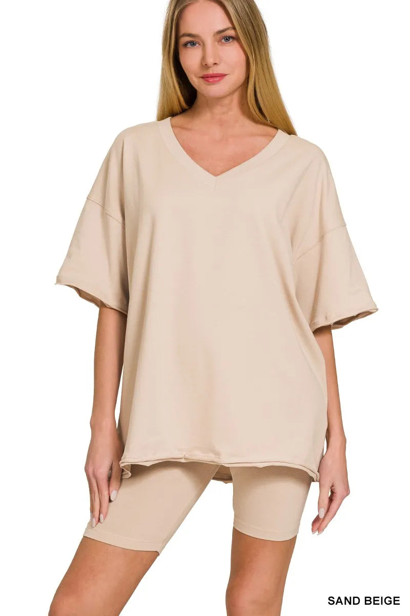 Zenana Cotton V-neck Top & Biker Shorts Set