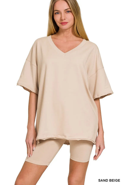 Zenana Cotton V-neck Top & Biker Shorts Set