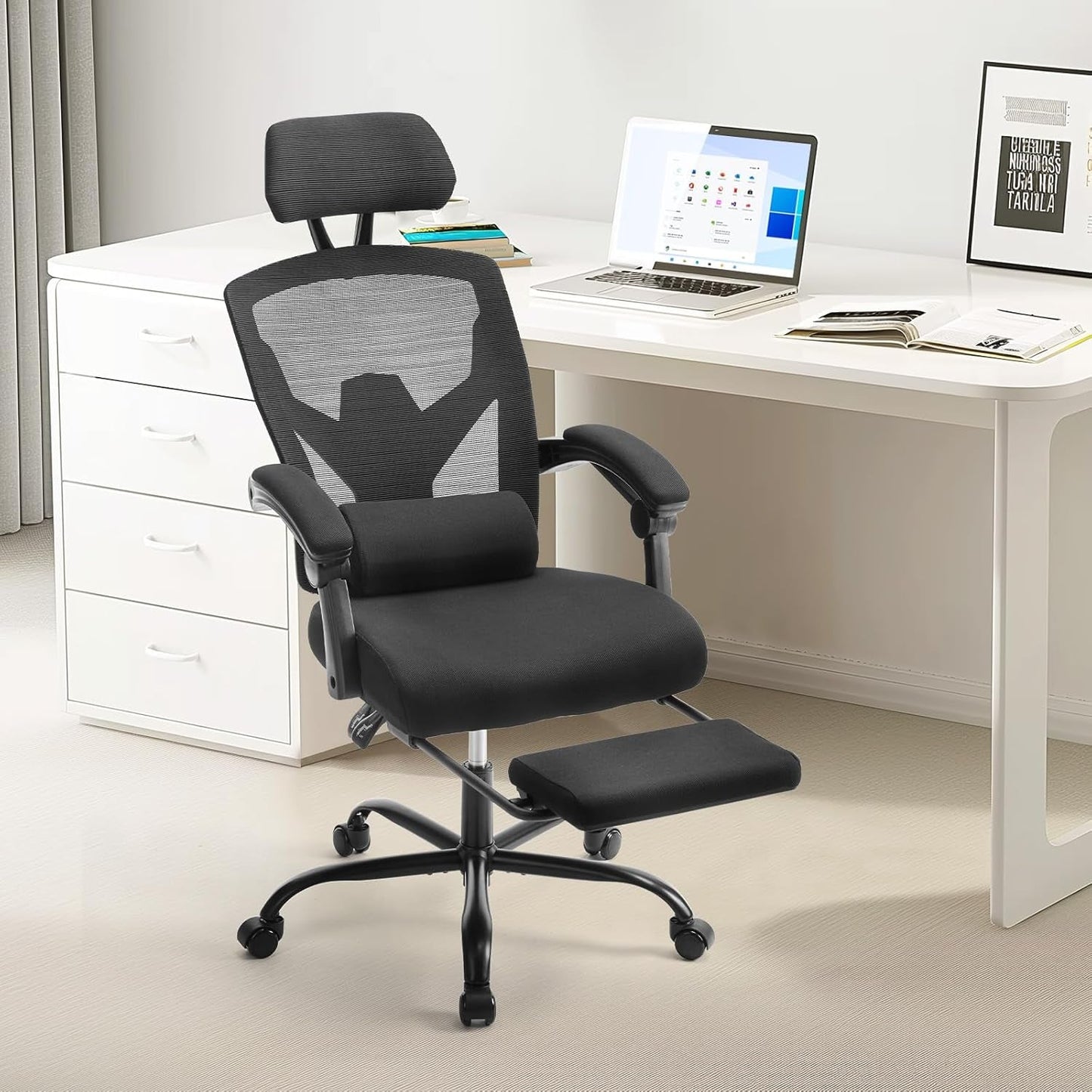 Office Computer Desk Chair, Ergonomic High-Back Mesh Rolling Work Swivel Chairs with Wheels, Comfortable Lumbar Support, Comfy Arms for Home, Bedroom, Study, Student, Black-0