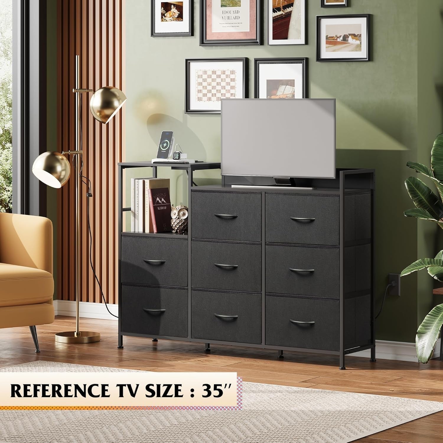 Black Dresser TV Stand for Bedroom with Charging Station and Open Shelves, Fabric Dresser with 8 Drawers and Wood Top, Wide Storage Chest of Drawers for Living Room, Hallway-3
