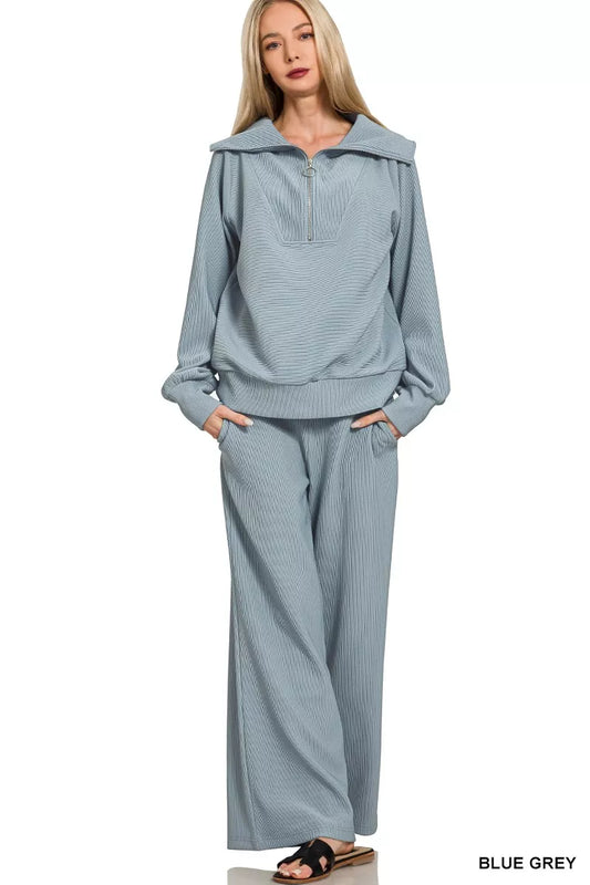 Zenana Ribbed High Neck Half Zip Pullover & Pants Set
