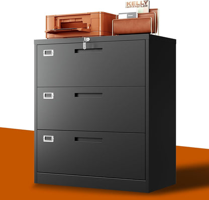 Lateral File Cabinet with Lock,Metal Filing Cabinet with 3 Drawer,Steel Lateral File Cabinet for Legal/Letter A4 Size,Wide File Cabinet for Office Home,Assembly Required-0