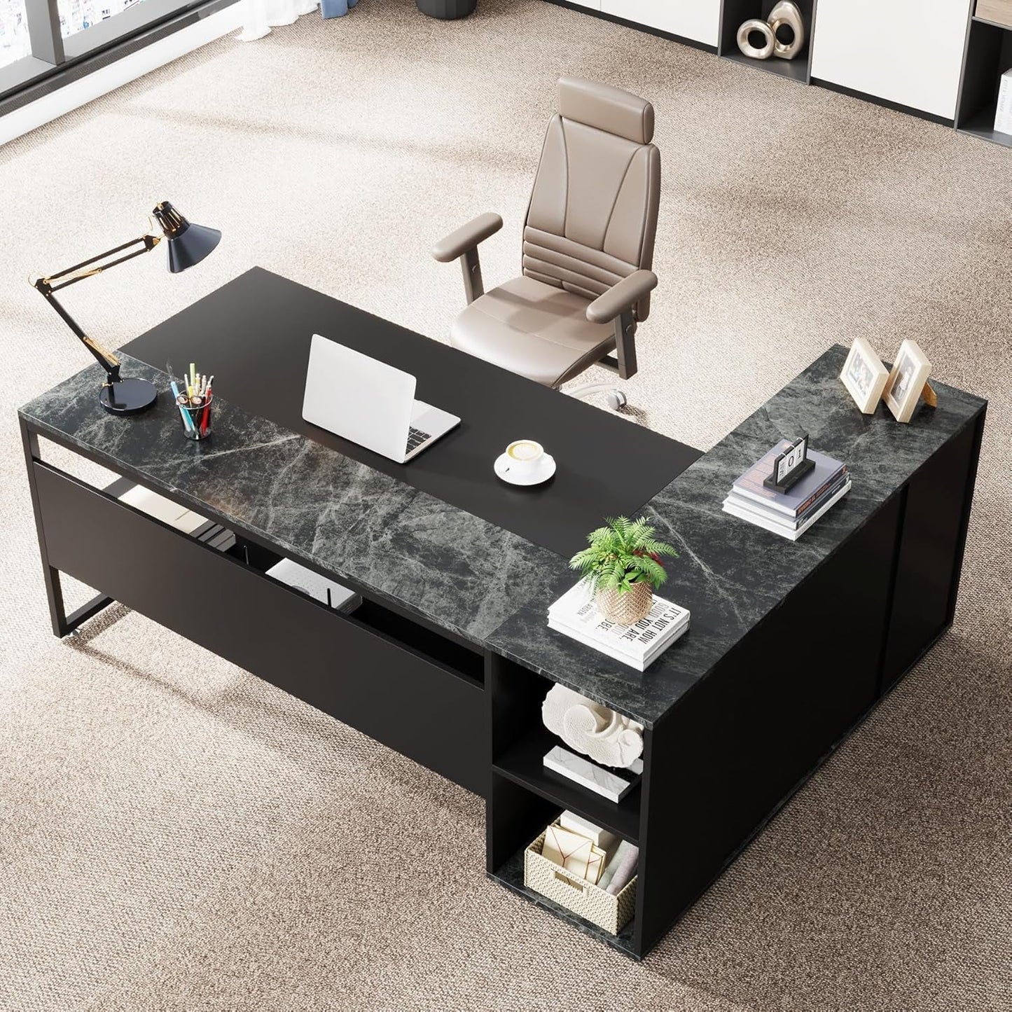71" L-Shaped Executive Desk with Storage Shelves Black-3