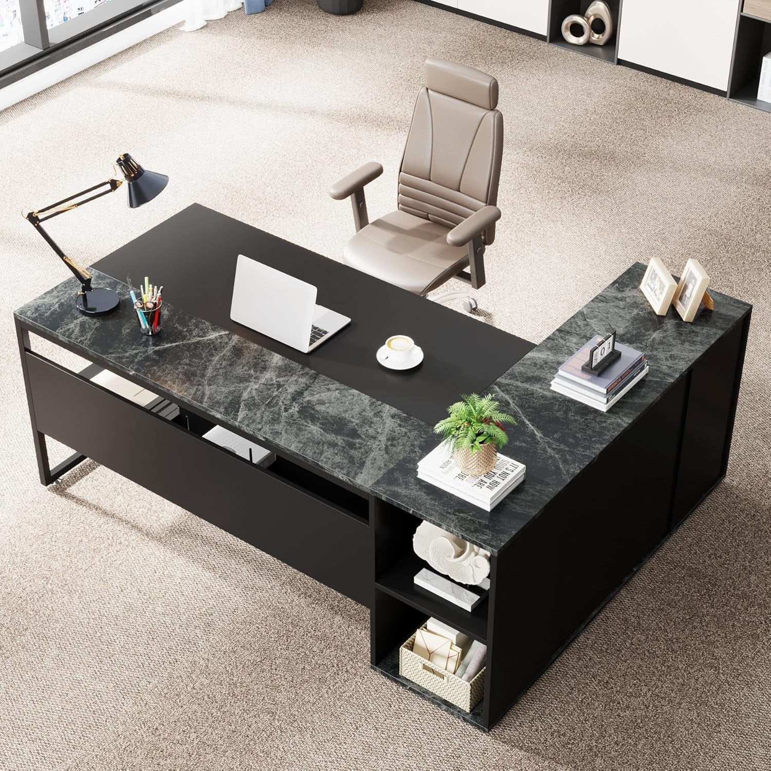 71" L-Shaped Executive Desk with Storage Shelves Black-3