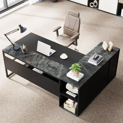 71" L-Shaped Executive Desk with Storage Shelves Black-3