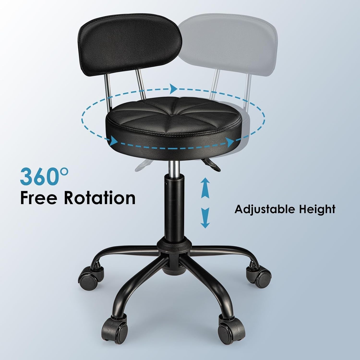 Swivel Rolling Stool with Wheels Height Adjustable Chair Rolling Drafting Chair Spa Stool Chair Backrest Black-3