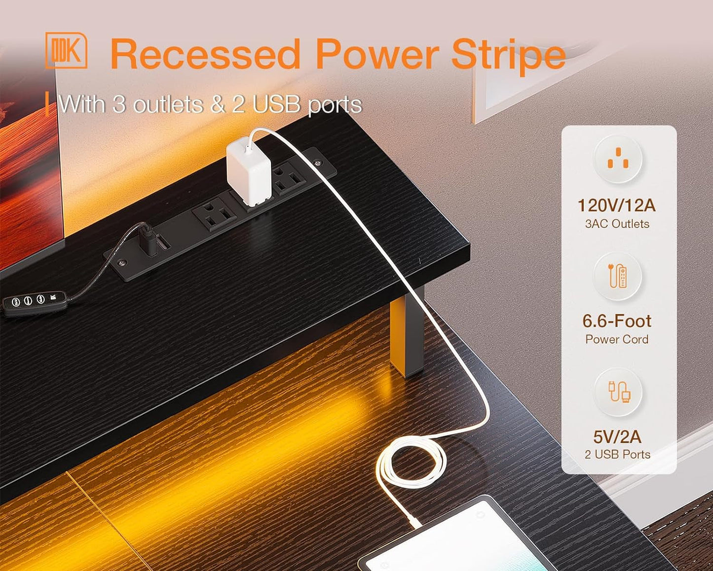 48 Inch Gaming Desk with LED Lights & Power Outlets, Computer Desk with Monitor Stand & Storage Sheves, CPU Stand, Home Office Desk, Black-4