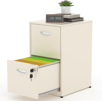 Metal 2 Drawer File Cabinet, Vertical File Cabinet with Lock, Filing Cabinets for Hanging Letter Size, Cream Locking File Cabin, Light Duty Storage Cabinet for Home Office - Assembly Required-0