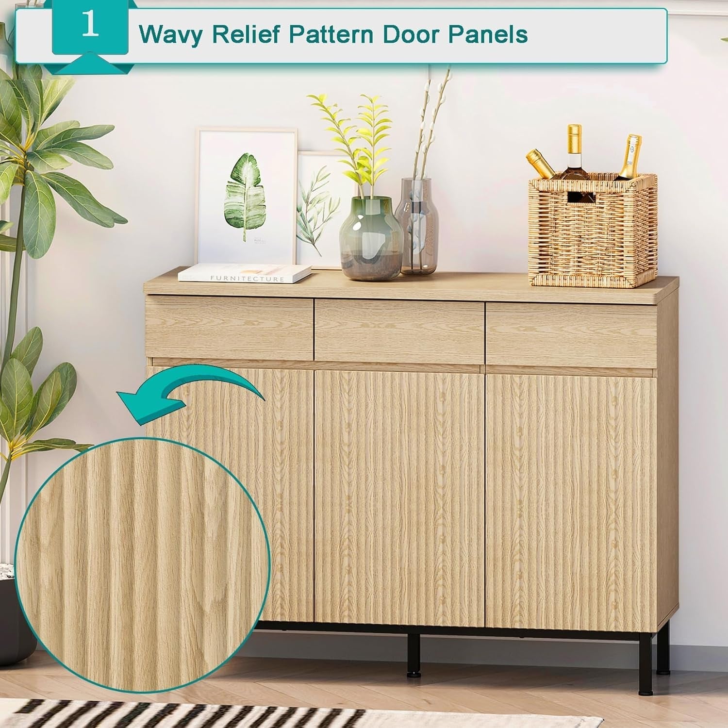 Natural 46Inch LED Sideboard Buffet Cabinet Storage-2