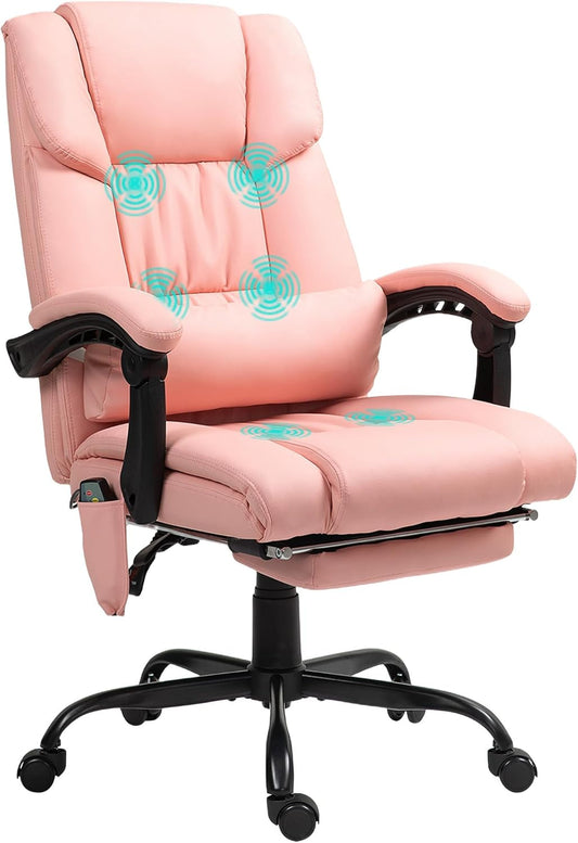 High Back Massage Office Chair with 6 Vibration Points, PU Leather Reclining Computer Chair, Ergonomic Desk Chair with Footrest Adjustable Height and Remote, Pink-0