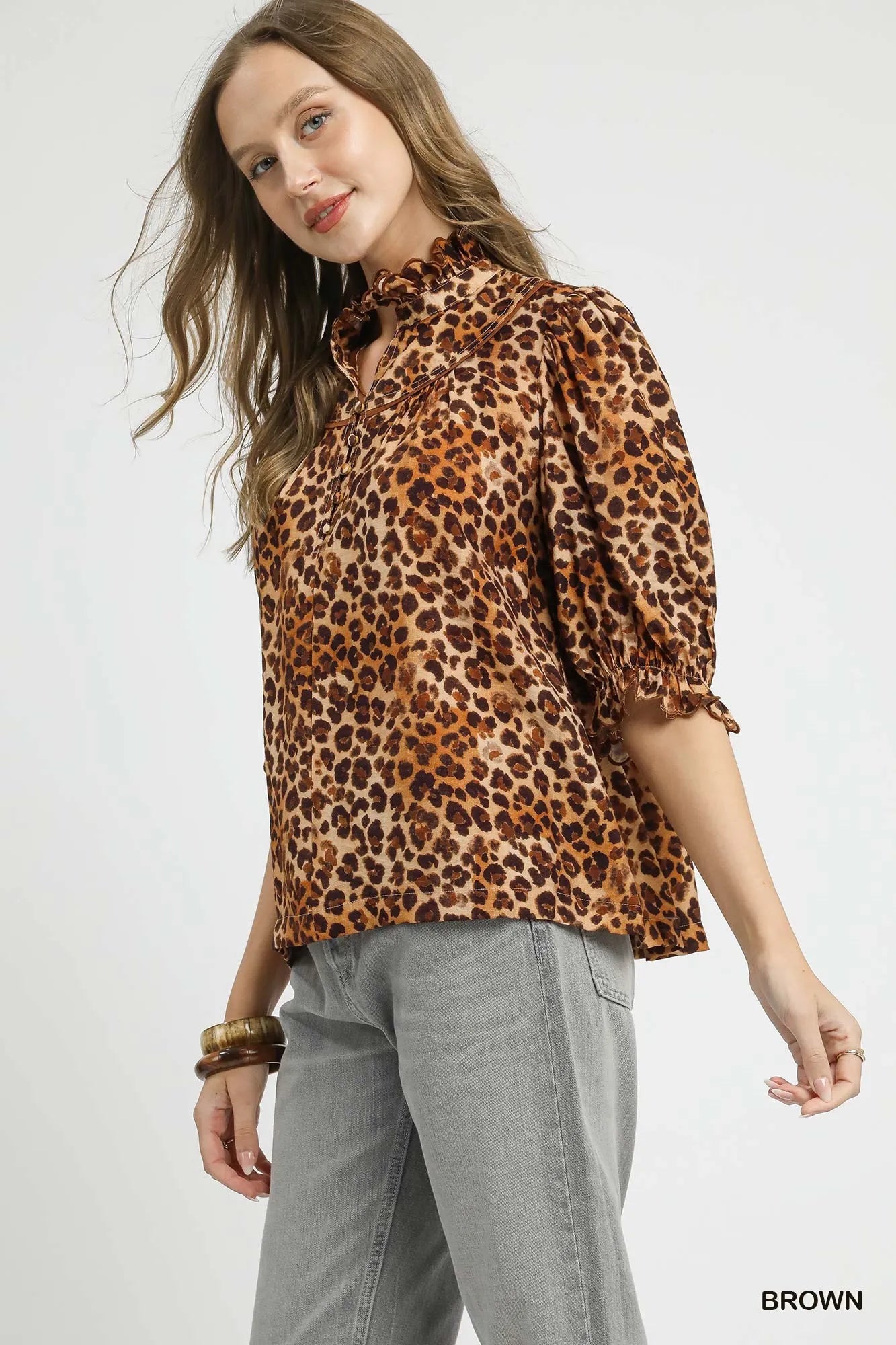 Umgee Full Size Leopard Print Ruffle Neck Blouse Plus Size