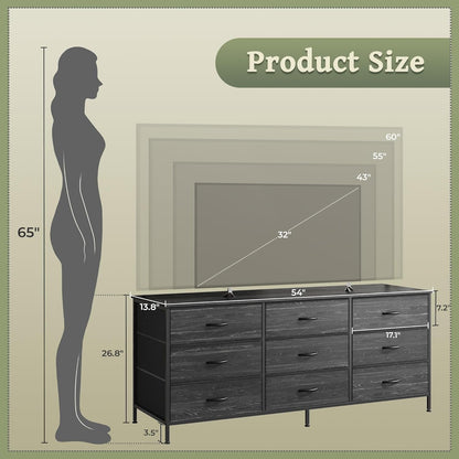 9 Drawer Dresser, 55 Inch Dresser TV Stand for 55, 60 Inch TV, Entertainment Center with Drawers, Large Storage Fabric Dresser for Bedroom, Closet, Charcoal Black Wood Grain Print-2