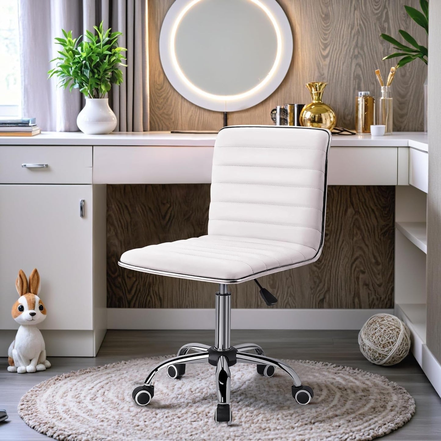 Mid Back Vanity Chair for Makeup Room, Low Back PU Leather Swivel Computer Desk Chair, Task and Office Chair Retro with Armless Ribbed (White)-3