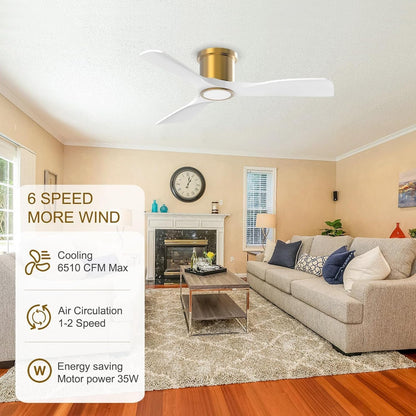 52 Inch Smart Ceiling Fan with Light and Remote, Indoor 3 Blade White Gold Low Profile Flush Mount Modern Ceiling Fan for Bedroom Living Room-1
