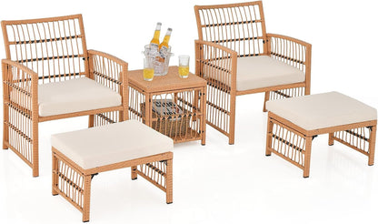 5 Piece Patio Wicker Sofa Set, Outdoor Rattan Conversation Set with Seat Cushions, 2-Tier Coffee Table & 2 Ottomans, Wicker Sofa Set for Backyard, Poolside (Natural)-0