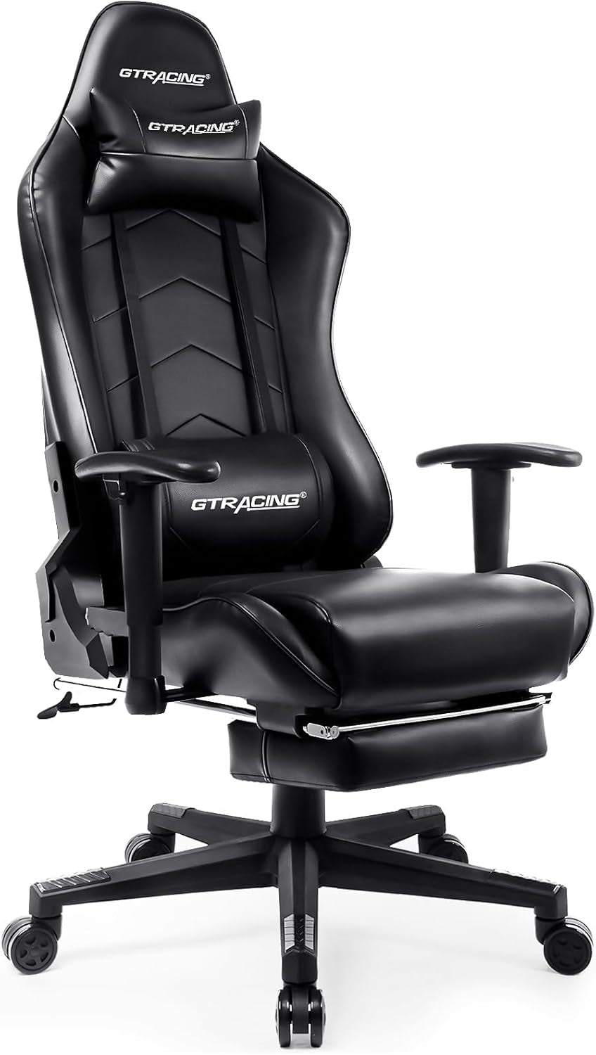 Gaming Chair with Footrest, Racing Style Computer Chair for Adult, Adjustable Reclining Backrest and Lumbar Support, Stylish High Back Chair for Gaming and Office (Black)-0