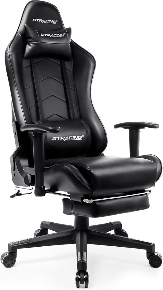 Gaming Chair with Footrest, Racing Style Computer Chair for Adult, Adjustable Reclining Backrest and Lumbar Support, Stylish High Back Chair for Gaming and Office (Black)-0