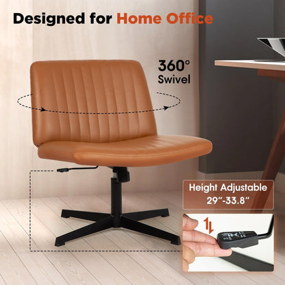 Criss Cross Chair,Armless Cross Legged Office Chair,Wide Comfty Desk Chair with No Wheels Modern Height Adjustable,Swivel Fabric Vanity Chair Computer Task Chair (Pack of 1, Brown)-3