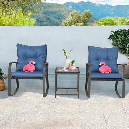 3 Pieces Patio Bistro Set Outdoor Rocking Chair W Cushion for Yard Garden Poolside (Blue)-0