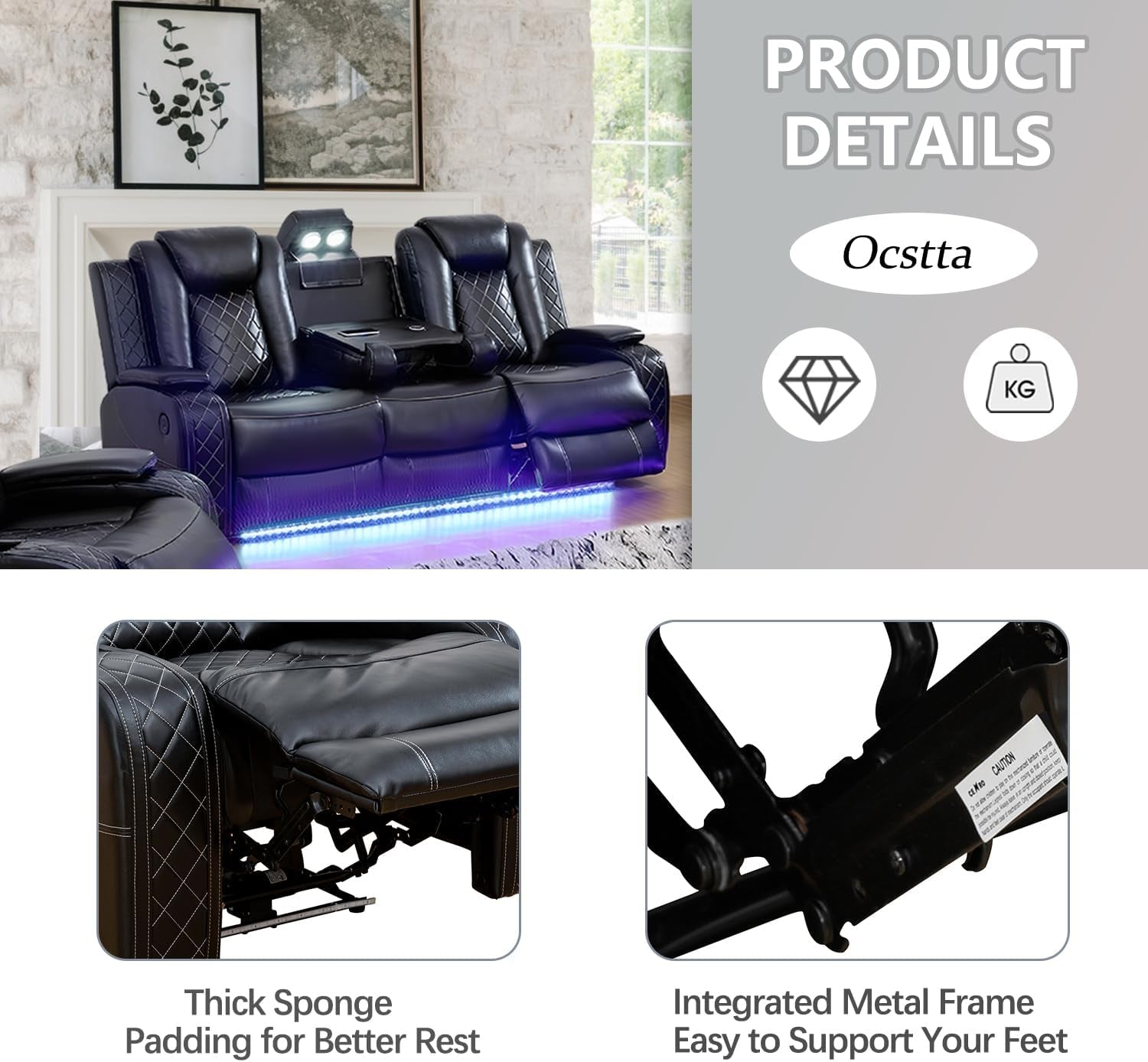 Power Leather Recliner Sofa Set with LED Lights,Living Room Furniture Set, Breathing Leather Sofa Couch with USB Port/Storage Console/Cup Holders (3 Pieces Reclining Sofa Set, Black)-3