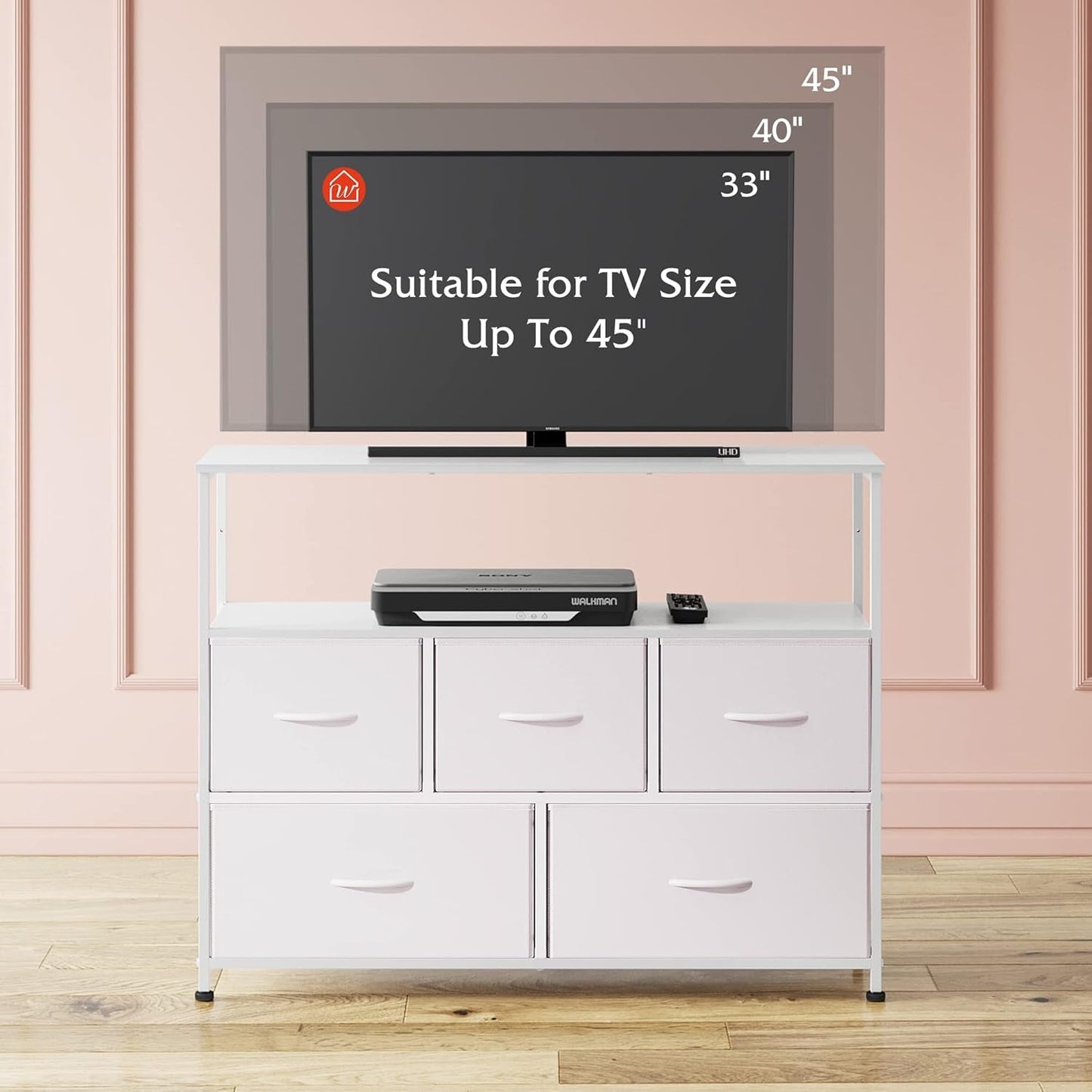 Dresser TV Stand for Bedroom, Entertainment Center with Open Shelf and Power Outlet, White Fabric Dressers with 5 Drawers, TV Stands for Closet-4