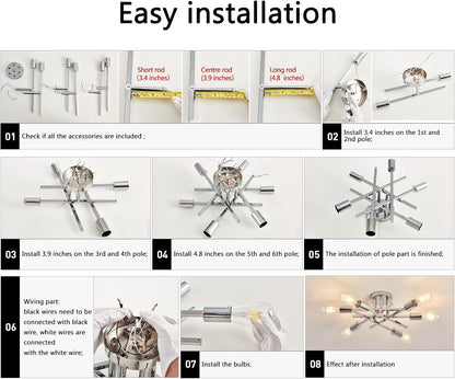 6-Lights Semi Flush Mount Ceiling Light Fixture Modern Chrome Matte Sputnik Chandelier Farmhouse Ceiling Lighting for Kitchen Bedroom Dining Room Living Room-4