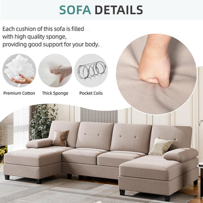 Sectional Sofa Couches for Living Room, U Shaped Sofa Living Room Furniture Sets, 4 Seat U Shaped Sofa Sectional Couch with Chaise, Dark Beige-4