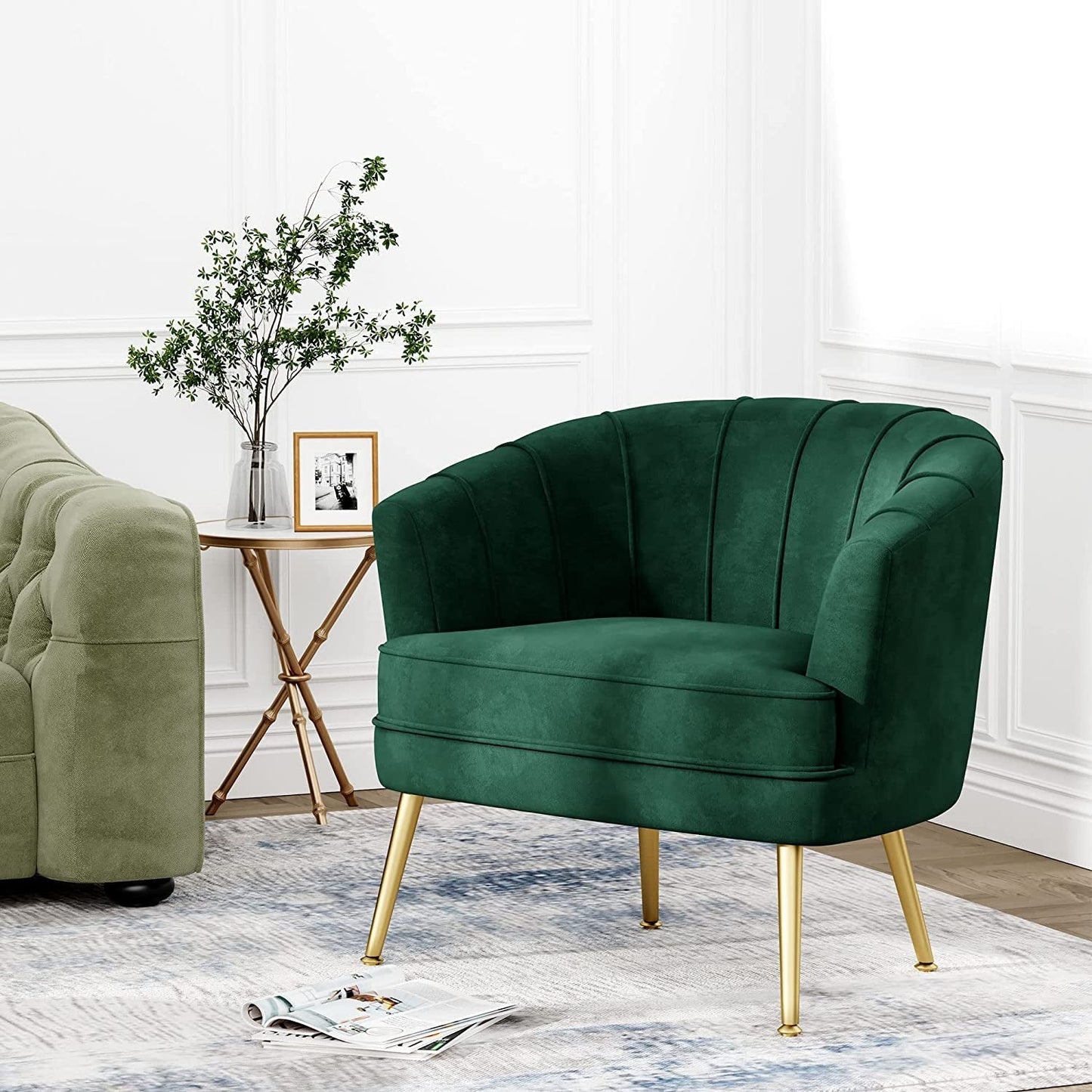 Green Velvet Accent Chair with Golden Legs-4
