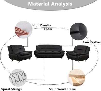 Leather Couches for Living Room, Living Room Couch Set, Sofa for Bedroom, Apartment, Living Room Furniture Sets (B-Leather Black, Sofa+Loveseat)-3