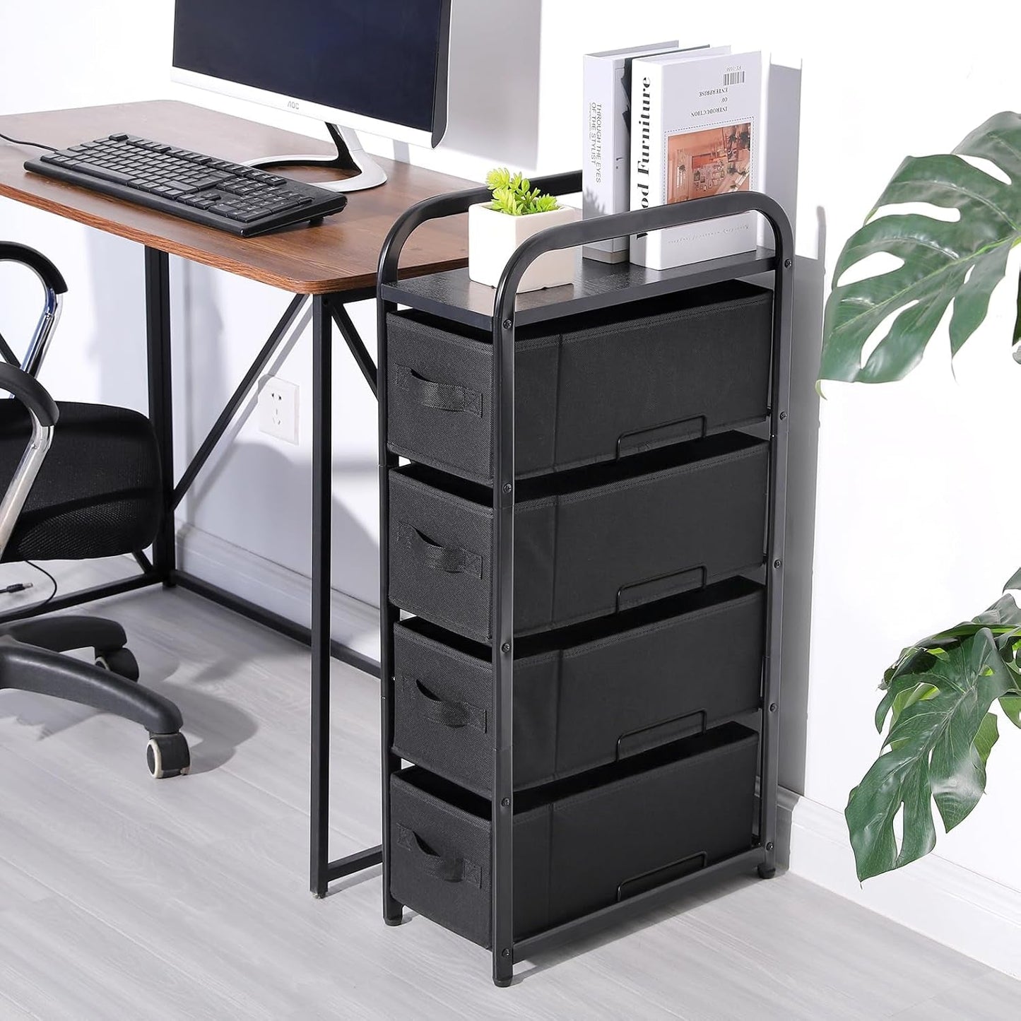 4 Drawer Narrow Dresser Fabric Storage Tower Vertical Slim Storage Chest Organizer Nightstand Side/End Table Small Standing Organizer Removable Drawers Wood Top for Bedroom, Bathroom（Black)-4