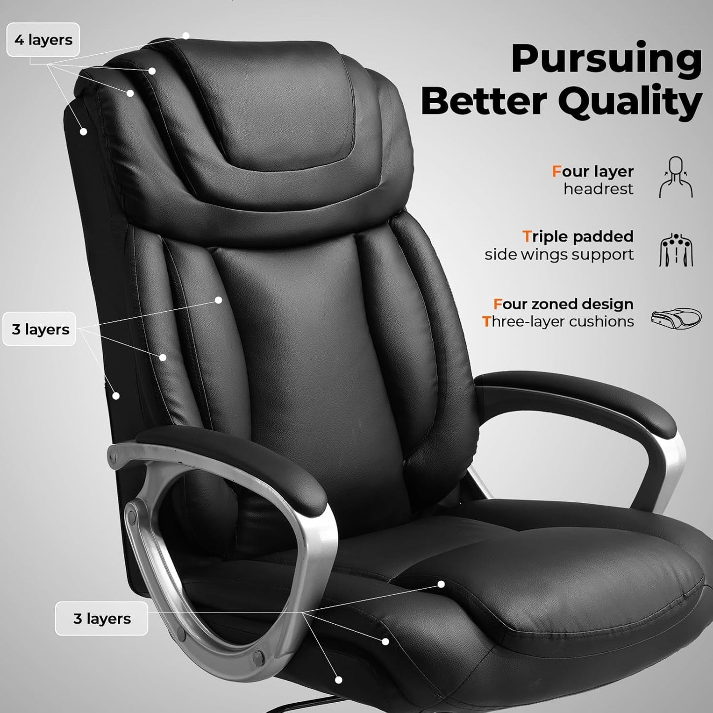 Ergonomic Office Chair Home Office Desk Chairs Comfy Back Support PU Leather Executive Office Chair with Wheels Headrest Padded Armrests Height Adjustable Tilt Swivel Rolling Reclining Seat-3