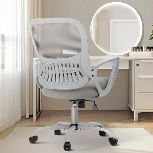 Office Computer Desk Managerial Executive Chair, Ergonomic Mid-Back Mesh Rolling Work Swivel Chairs with Wheels, Comfortable Lumbar Support, Comfy Arms for Home,Bedroom,Study,Student,Grey-0