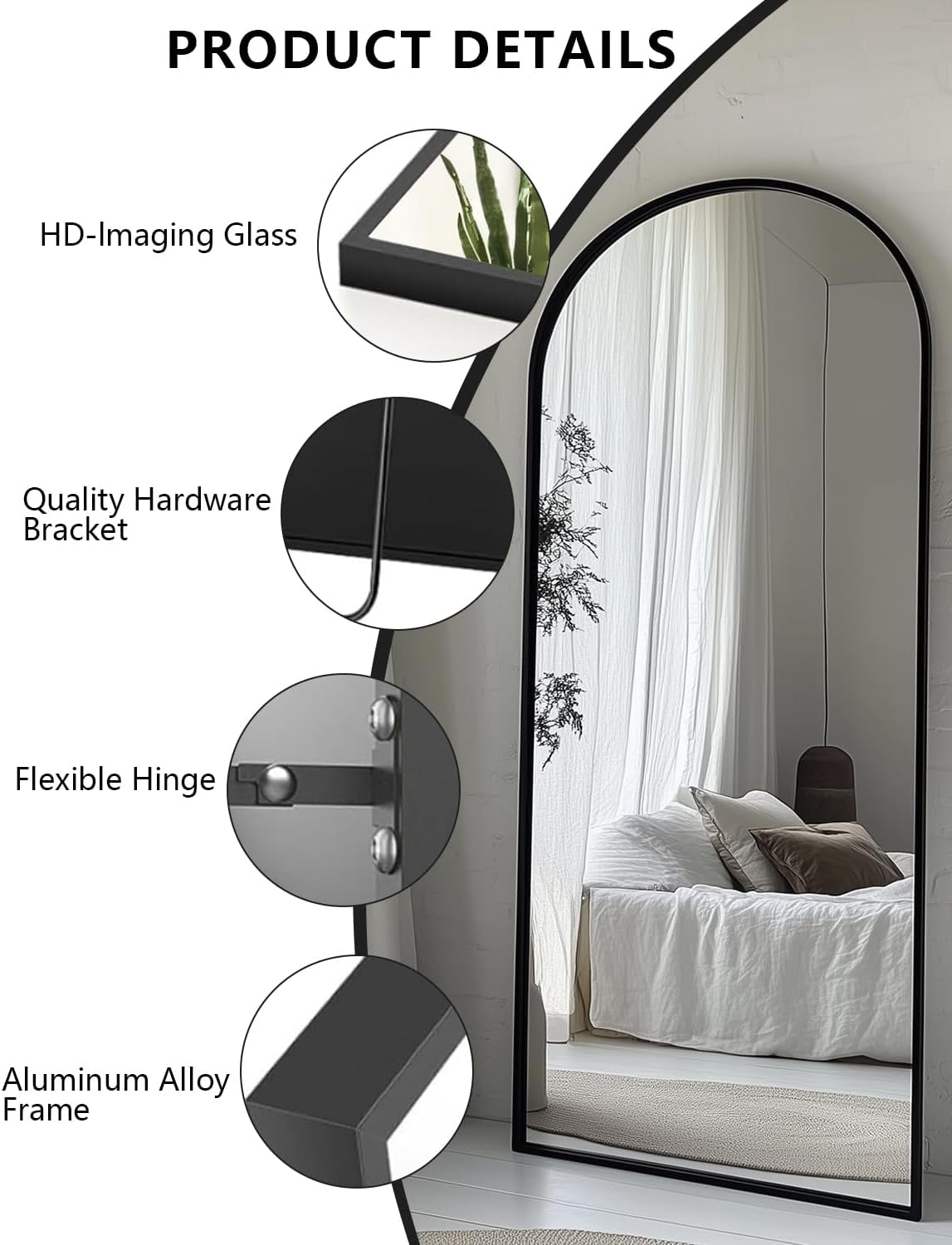 Arched Mirror Full Length, 71"×32" Full Length Mirror with Stand, Standing Floor Mirror Wall, Hanging or Leaning Large Full Body Mirror for Bedroom Living Room (Black)-4