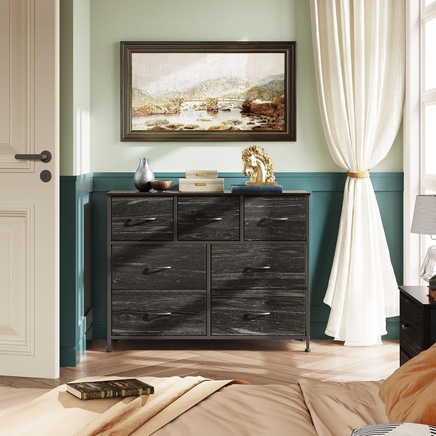 Dresser TV Stand, Entertainment Center with Fabric Drawers, Media Console Table with Metal Frame and Wood Top for TV up to 45 Inch, Chest of Drawers for Bedroom, Charcoal Black Wood Grain Print-3