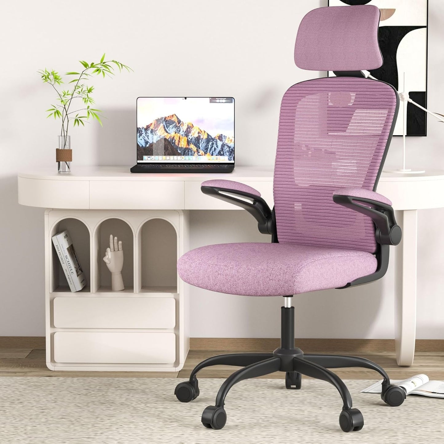 Ergonomic Mesh Office Chair, High Back Computer Desk Chair with Adjustable Lumbar Support & Headrest, Swivel Task Chair with Flip-Up Armrests for Home & Office (English, Light Purple)-0