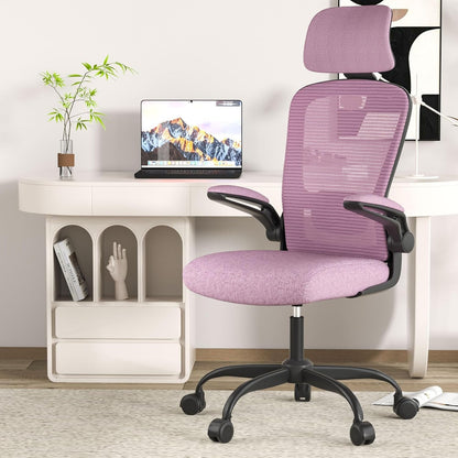 Ergonomic Mesh Office Chair, High Back Computer Desk Chair with Adjustable Lumbar Support & Headrest, Swivel Task Chair with Flip-Up Armrests for Home & Office (English, Light Purple)-0