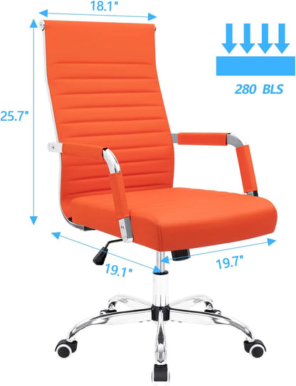 Ribbed Office Desk Chair Mid-Back Leather Executive Conference Task Chair Adjustable Swivel Chair with Arms (Orange)-2
