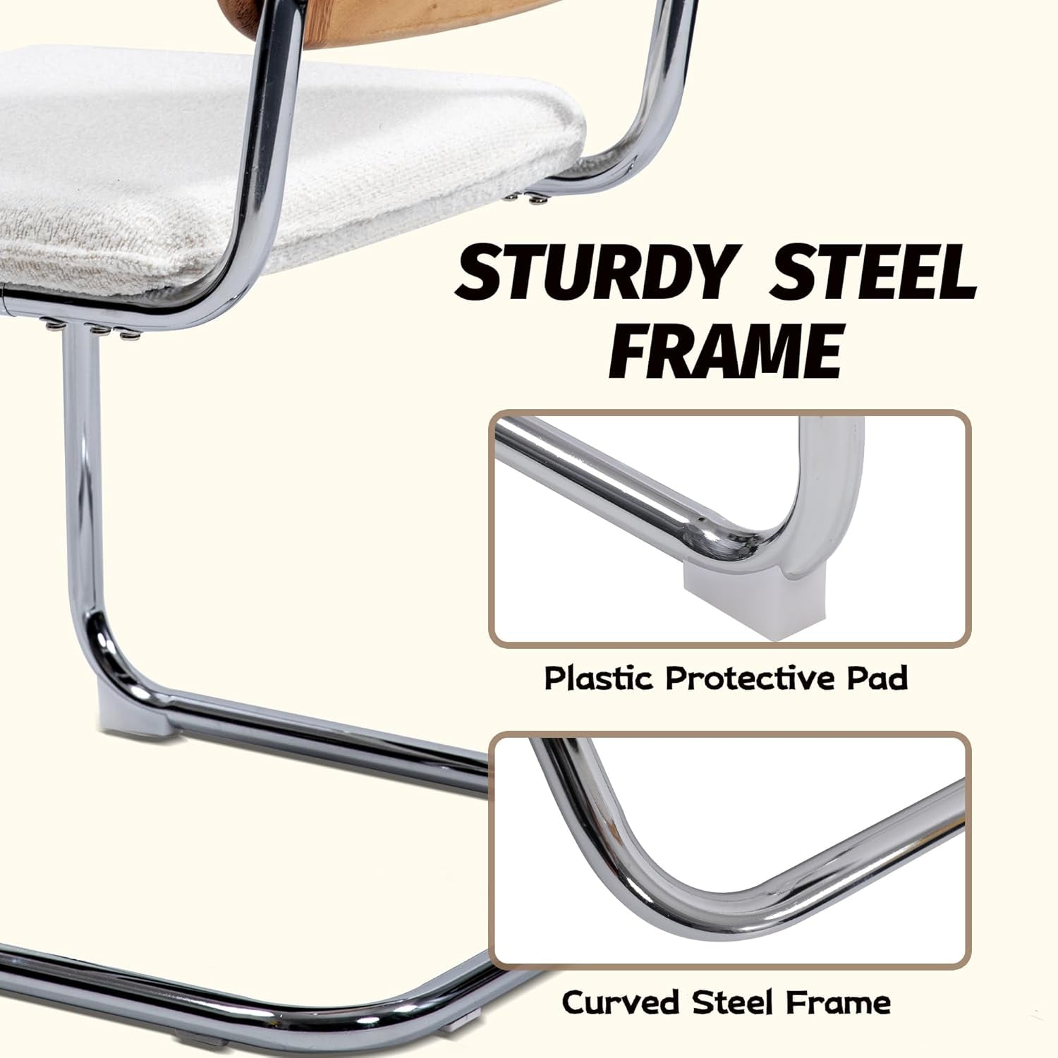 Modern Cesca Cane Dining Chairs, Set of 2, Handwoven Rattan Cane Back, Chrome Base, Upholstered Boucle Seat, Ideal for Kitchen or Dining Room, White-4