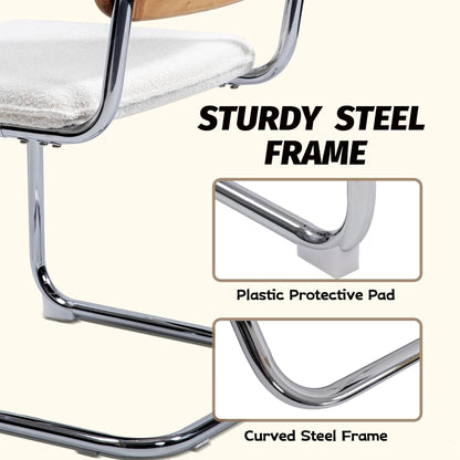 Modern Cesca Cane Dining Chairs, Set of 2, Handwoven Rattan Cane Back, Chrome Base, Upholstered Boucle Seat, Ideal for Kitchen or Dining Room, White-4