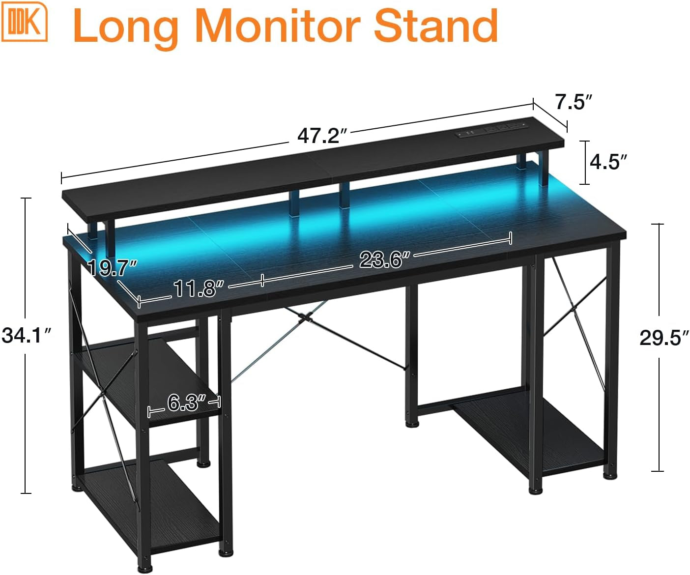 48 Inch Gaming Desk with LED Lights & Power Outlets, Computer Desk with Monitor Stand & Storage Sheves, CPU Stand, Home Office Desk, Black-2