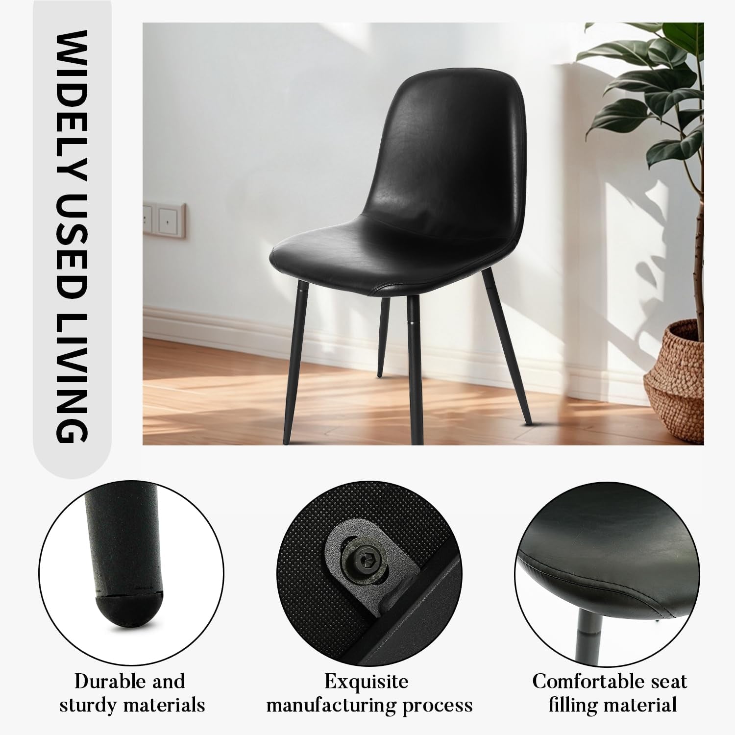 Black Dining Chairs, Modern Faux Leather Upholstered Kitchen Chairs Armless Accent Chairs with PU Leather Backrest & Metal Legs for Dining, Living & Meeting Room, Set of 4-4