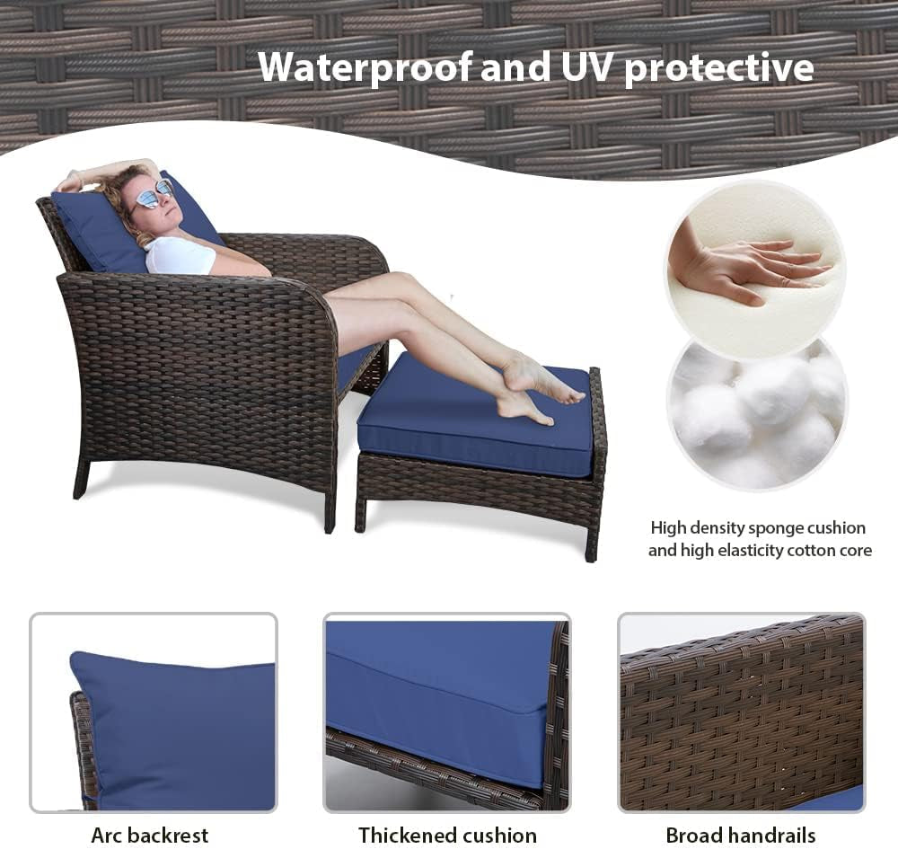 Balcony Furniture 5 Piece Patio Conversation Set, PE Wicker Rattan Outdoor Lounge Chairs with Soft Cushions 2 Ottoman&Glass Table for Porch, Lawn-Brown Wicker-1