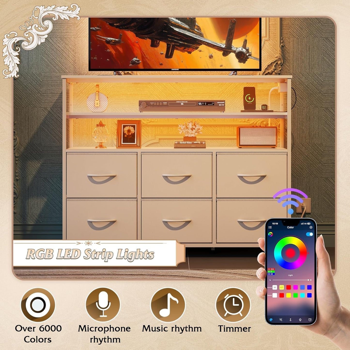 Led Dresser TV Stand for Bedroom, Entertainment Center with LED Lights and Power Outlet, 6 Drawer Dressers with Double Open Shelves, White TV Stands-4