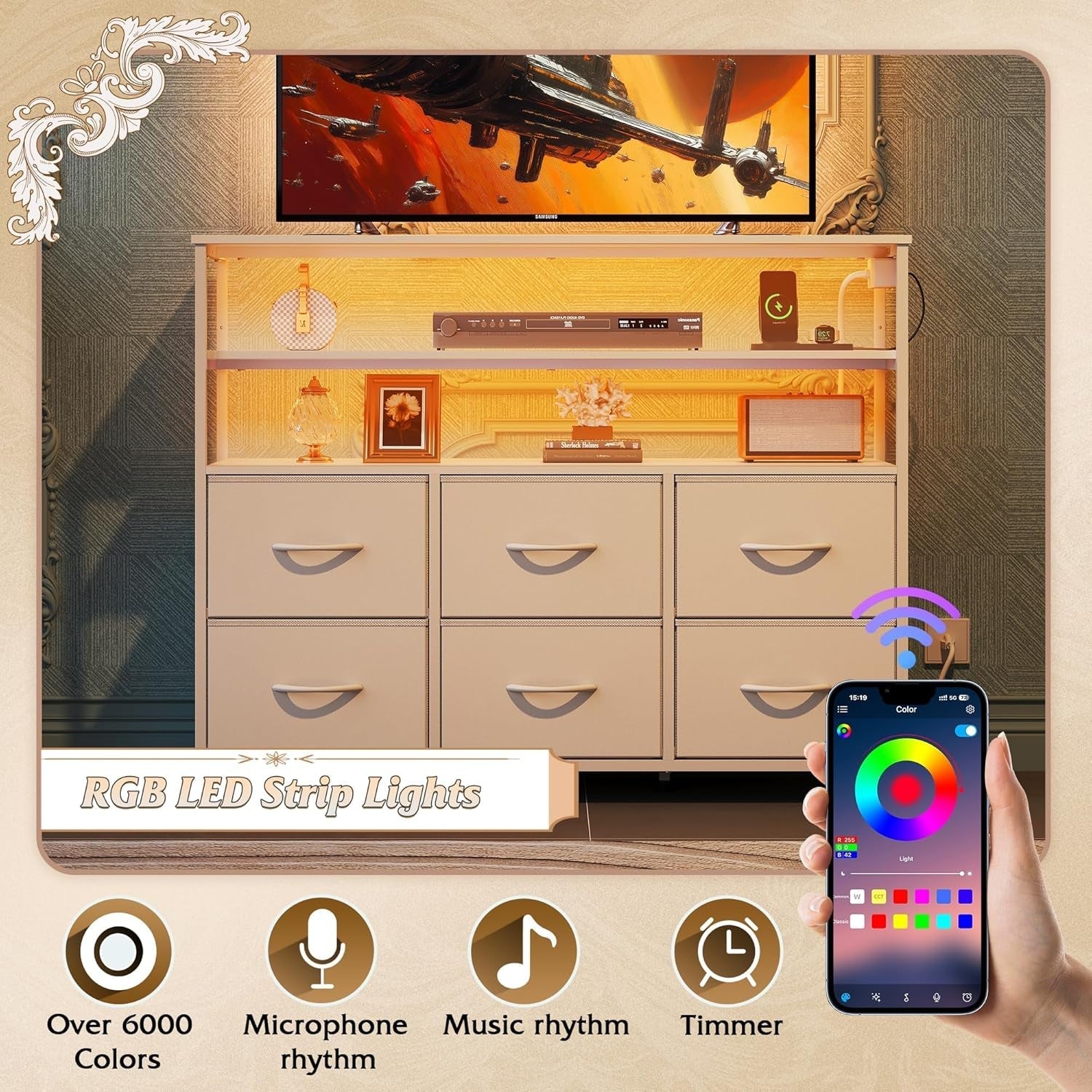 Led Dresser TV Stand for Bedroom, Entertainment Center with LED Lights and Power Outlet, 6 Drawer Dressers with Double Open Shelves, White TV Stands-4