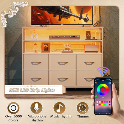 Led Dresser TV Stand for Bedroom, Entertainment Center with LED Lights and Power Outlet, 6 Drawer Dressers with Double Open Shelves, White TV Stands-4