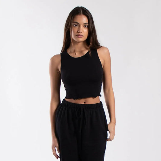 Black crop top muscle tank with lettuce trim and high neckline from Otlapparel