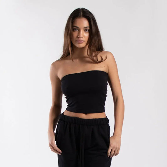 Black women’s cropped strapless tube top with elastic waistband drawstring info otlapparel