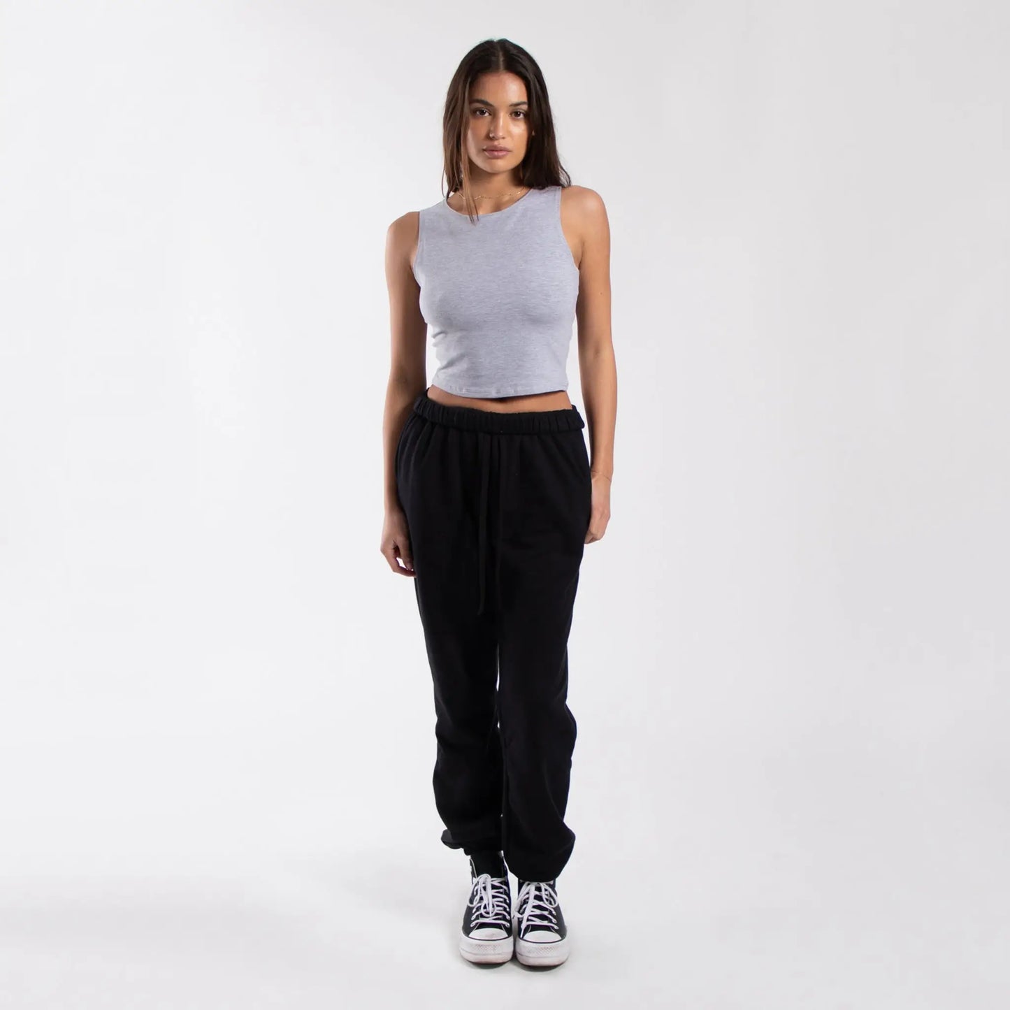 Black jogger pants with elastic waistband and drawstring from info otlapparel