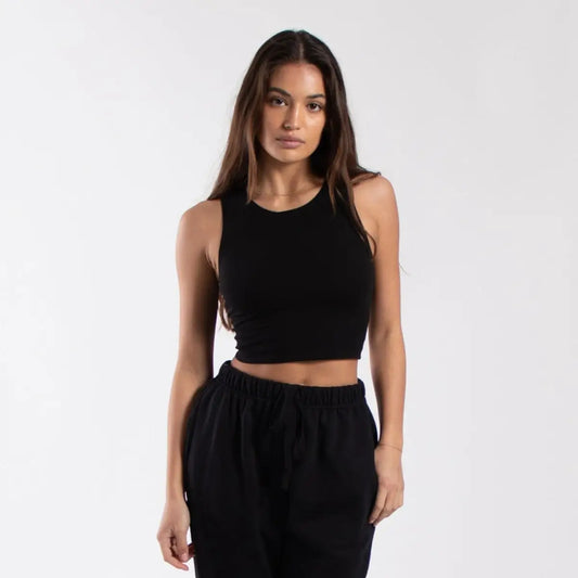 Black crop top with high neckline and thin straps from 0895 Womens Cropped Formfitting Muscle Tank, info otlapparel